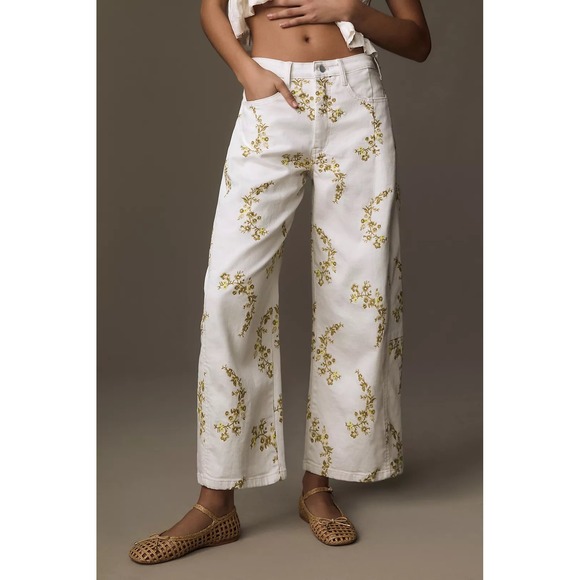 Pilcro and the Letterpress Denim - Pilcro Heritage Curve Mid-Rise Tapered Barrel Jeans White Floral Embroidered 8